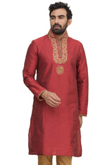 Men's Red Silk Embroidered Full Sleeve Kurta Churidar