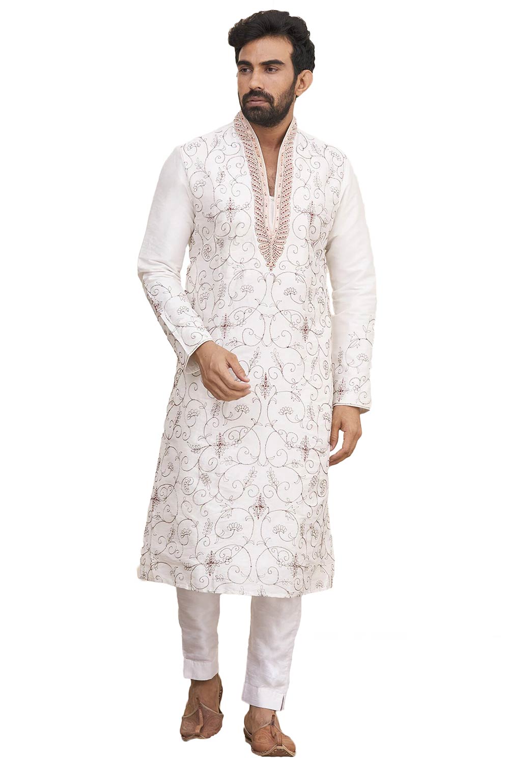 Men's Off White Silk Embroidered Full Sleeve Kurta Churidar