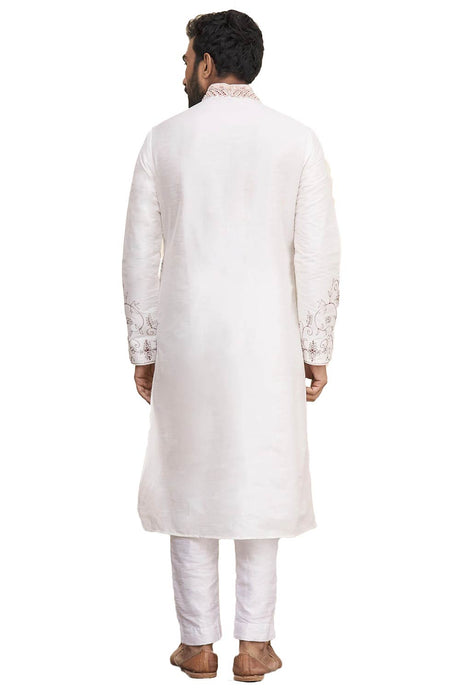Men's Off White Silk Embroidered Full Sleeve Kurta Churidar