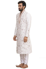 Men's Off White Silk Embroidered Full Sleeve Kurta Churidar