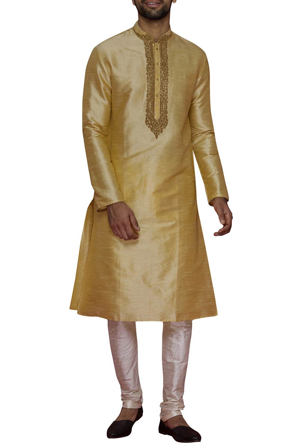 Men's Olive Gold Silk Embroidered Full Sleeve Kurta Churidar