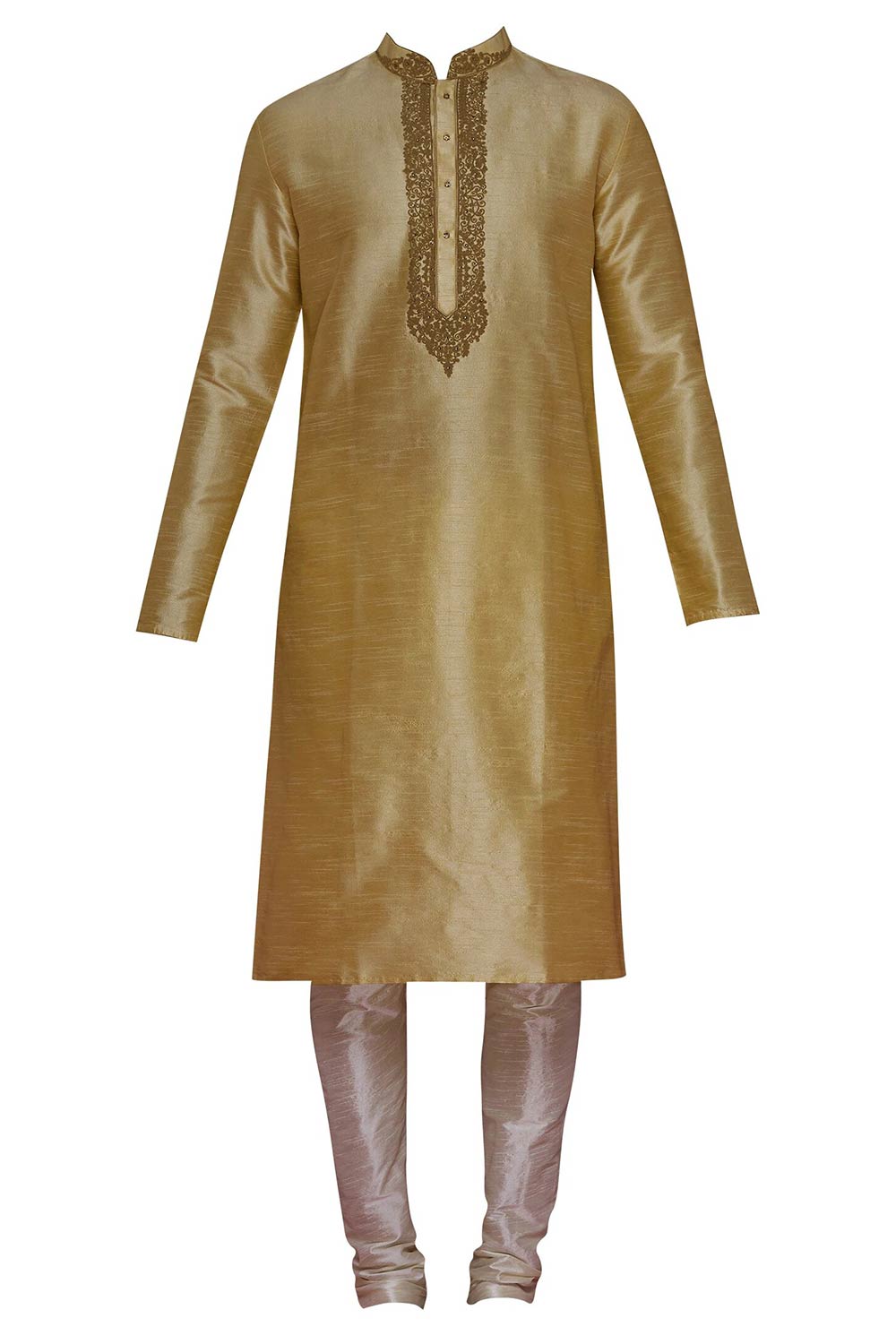 Men's Olive Gold Silk Embroidered Full Sleeve Kurta Churidar