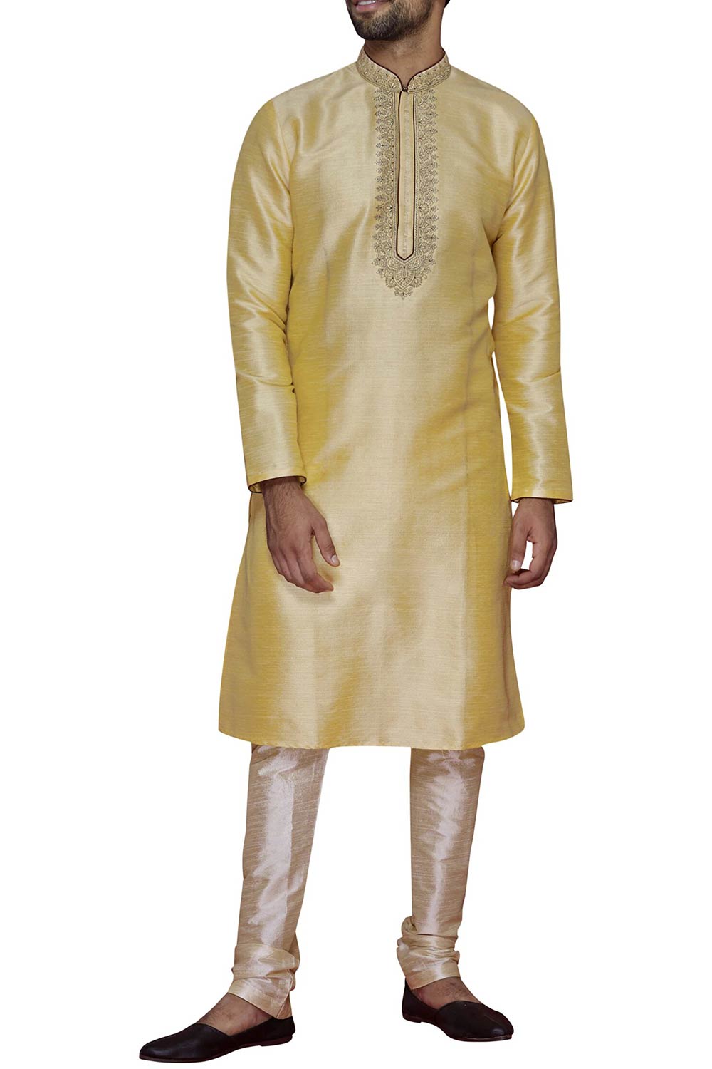 Men's Gold Cotton Embroidered Full Sleeve Kurta Churidar