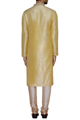 Men's Gold Cotton Embroidered Full Sleeve Kurta Churidar