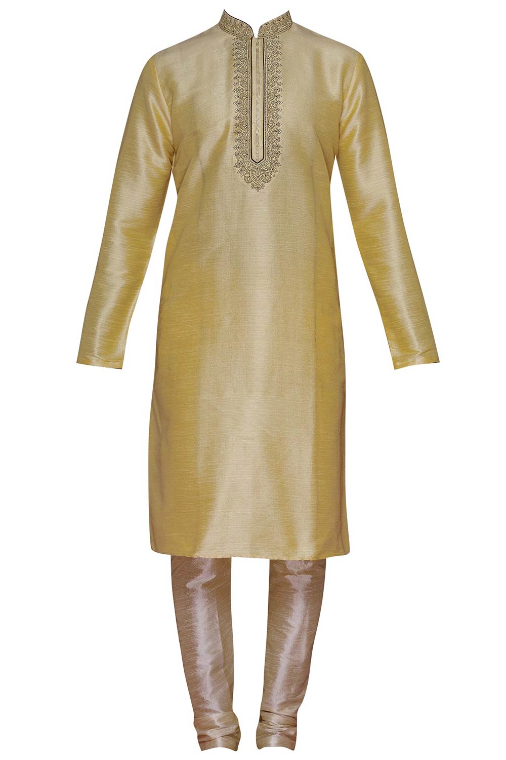 Men's Gold Cotton Embroidered Full Sleeve Kurta Churidar