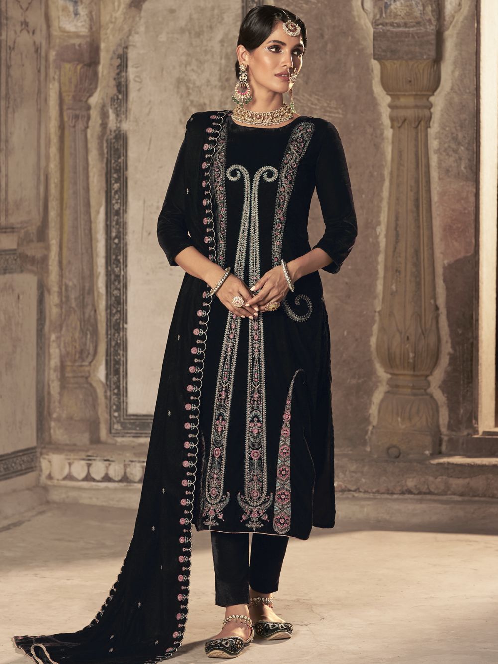 Black Velvet Embroidered Dress Material