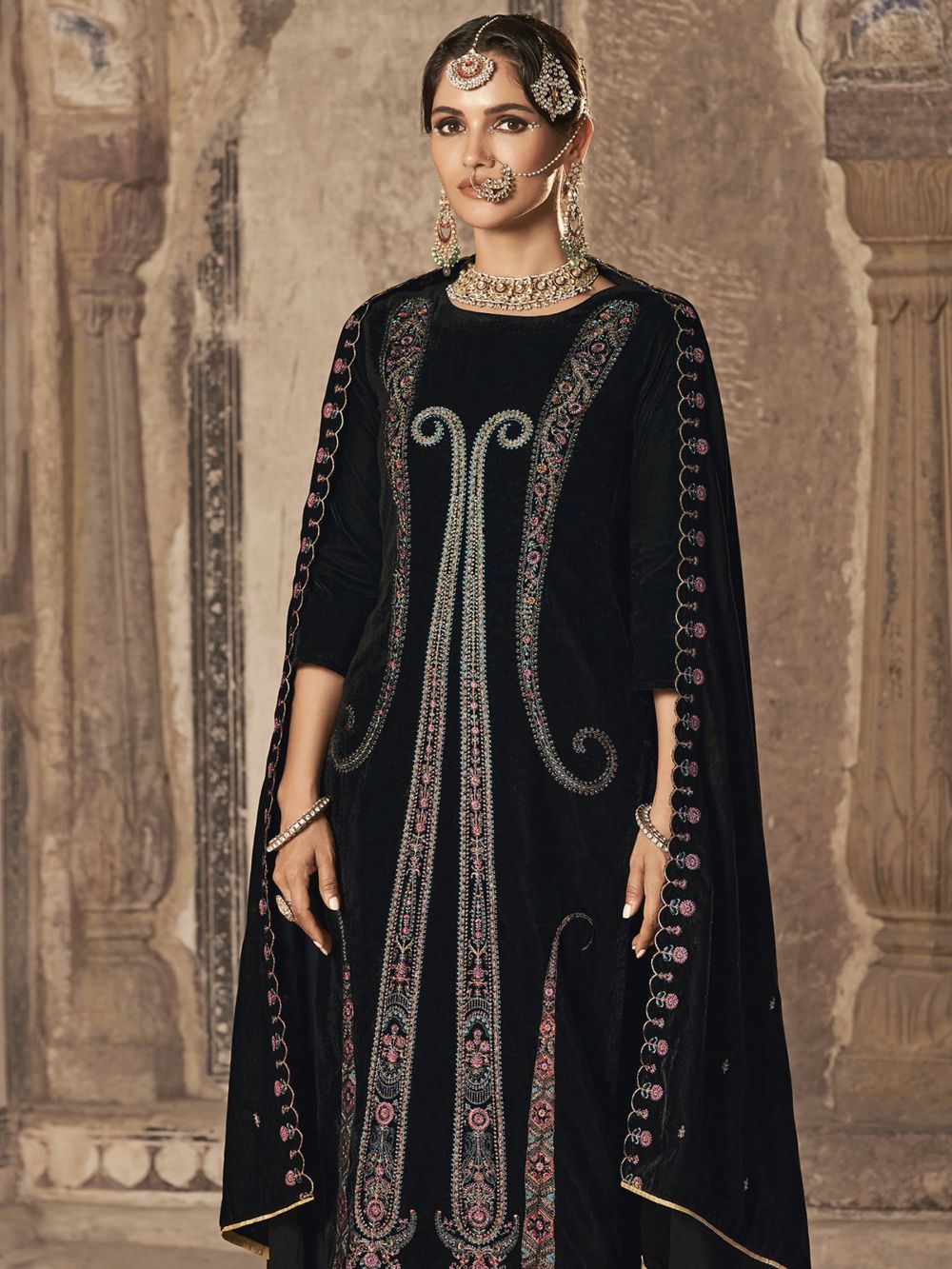 Black Velvet Embroidered Dress Material