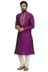 Men's Purple Silk Embroidered Full Sleeve Kurta Churidar