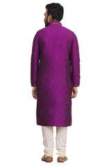 Men's Purple Silk Embroidered Full Sleeve Kurta Churidar