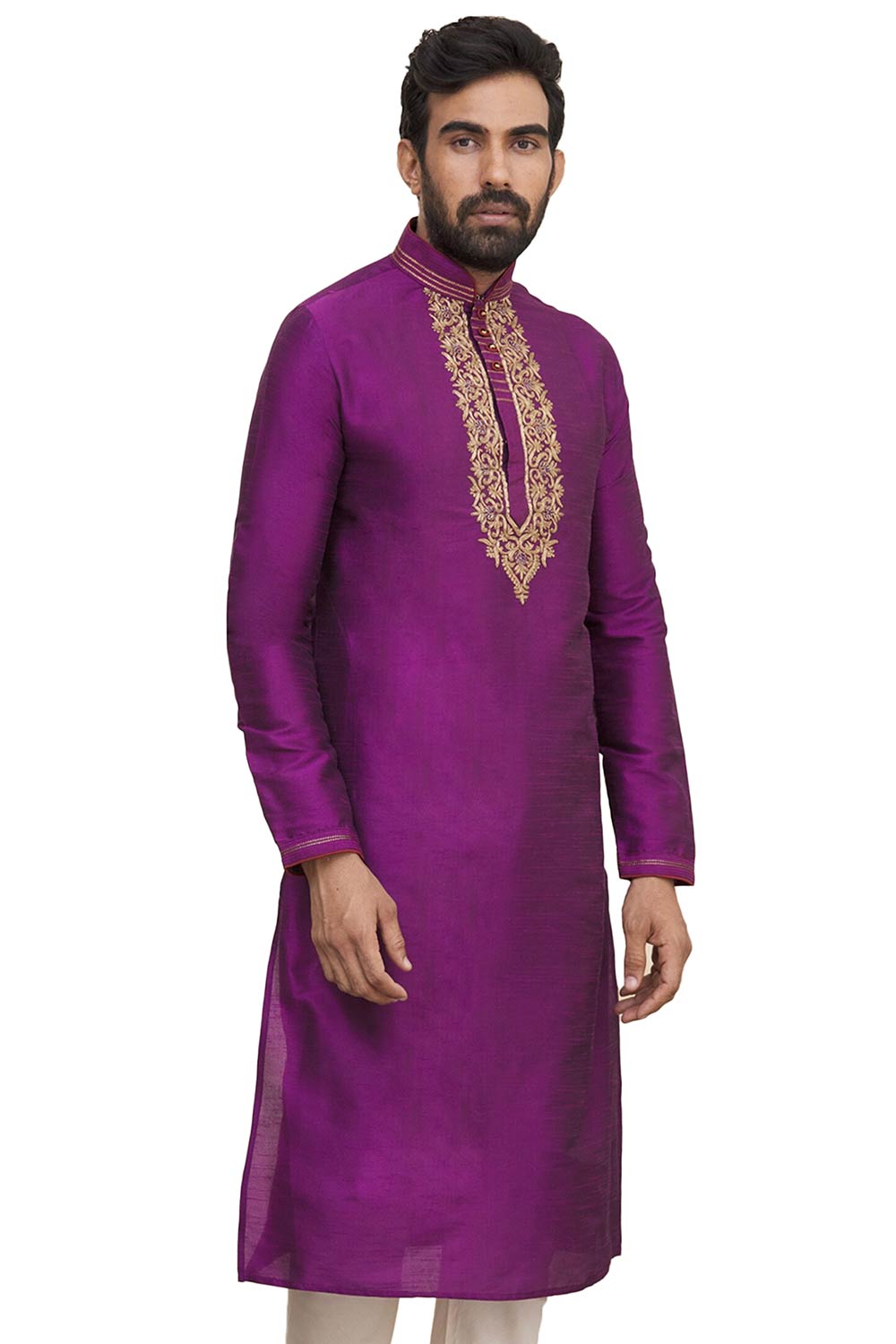 Men's Purple Silk Embroidered Full Sleeve Kurta Churidar