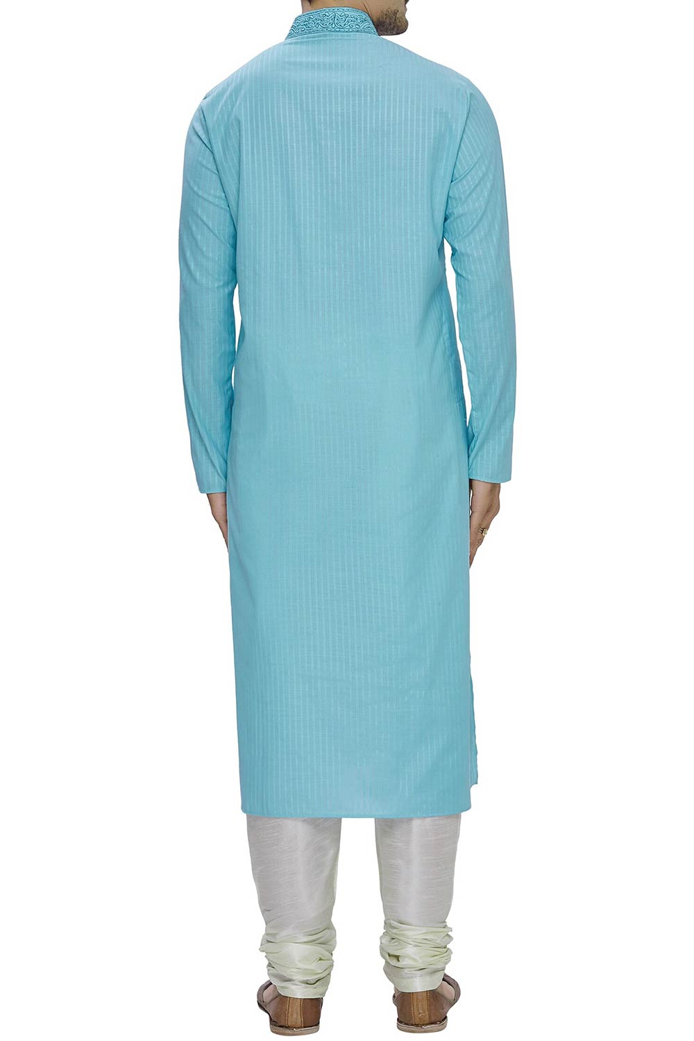 Men's Sky Blue Silk Embroidered Full Sleeve Kurta Churidar