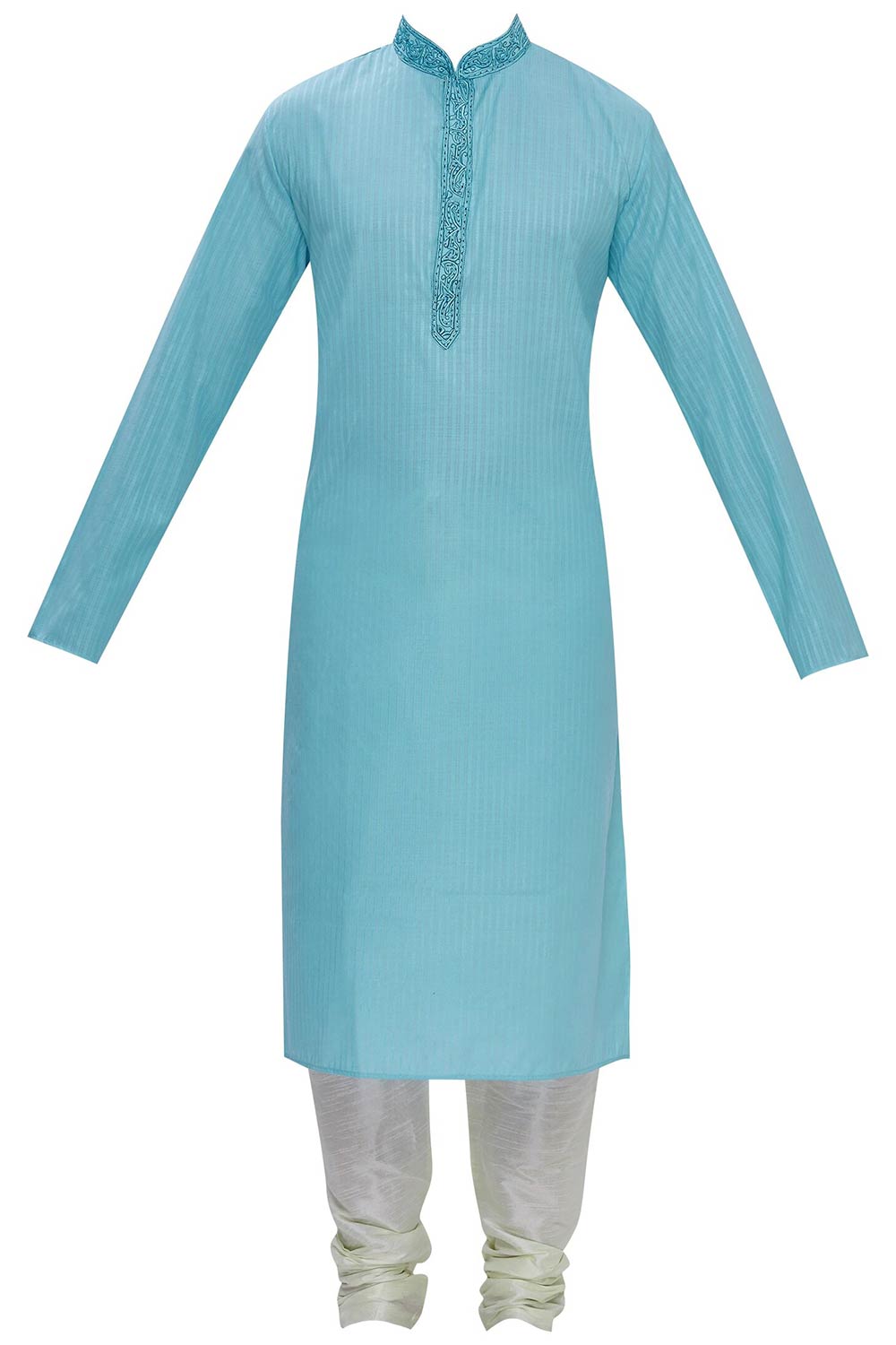 Men's Sky Blue Silk Embroidered Full Sleeve Kurta Churidar