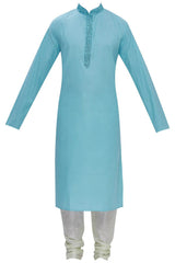 Men's Sky Blue Silk Embroidered Full Sleeve Kurta Churidar