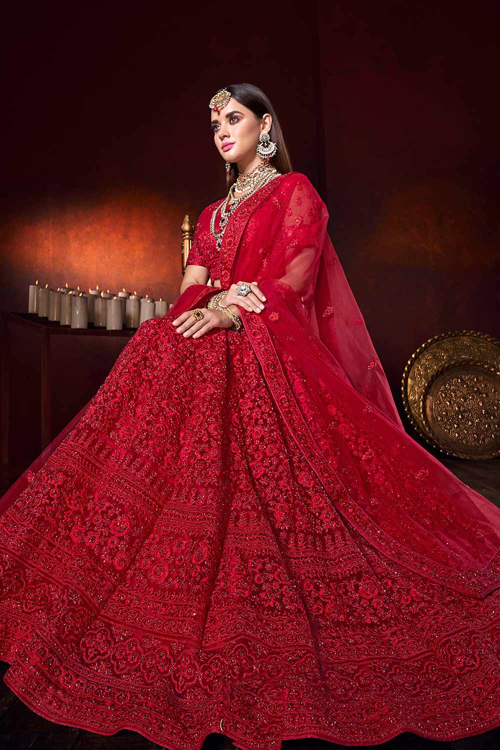 Buy Net Embroidered Lehenga Choli Dress Material in Red - Back