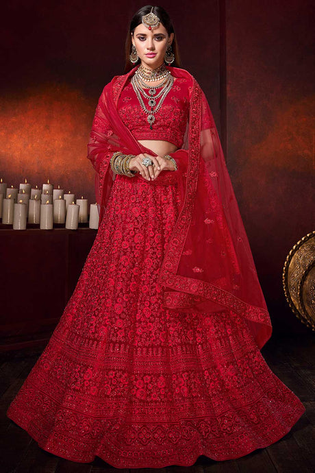 Buy Net Embroidered Lehenga Choli Dress Material in Red Online