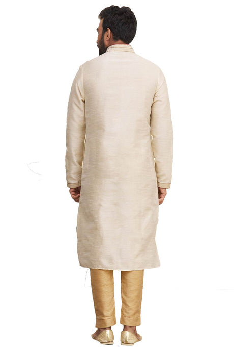 Men's Beige Silk Embroidered Full Sleeve Kurta Churidar