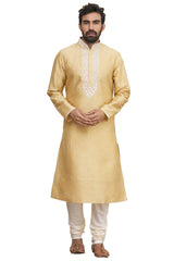 Men's Gold  Silk Embroidered Full Sleeve Kurta Churidar