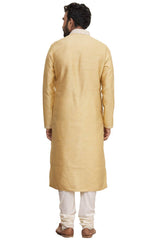 Men's Gold  Silk Embroidered Full Sleeve Kurta Churidar