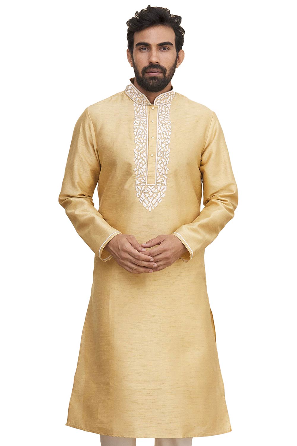 Men's Gold  Silk Embroidered Full Sleeve Kurta Churidar