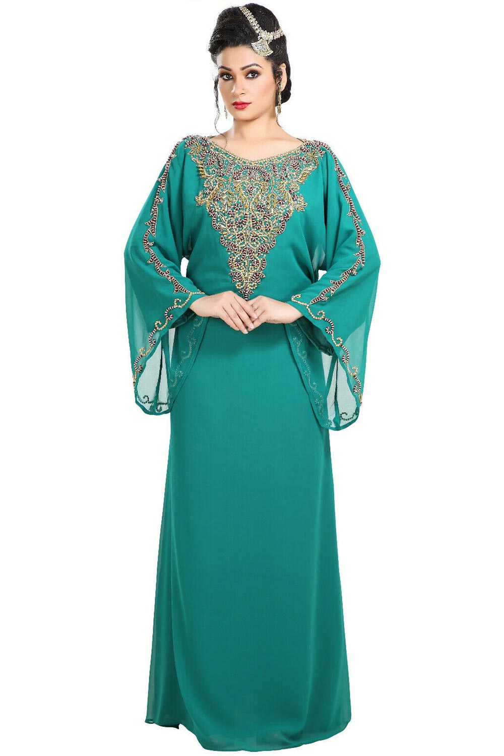 Buy Georgette Embellished Kaftan Gown in Dark Green Online