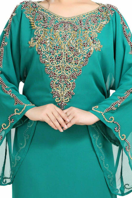 Buy Georgette Embellished Kaftan Gown in Dark Green Online - Back
