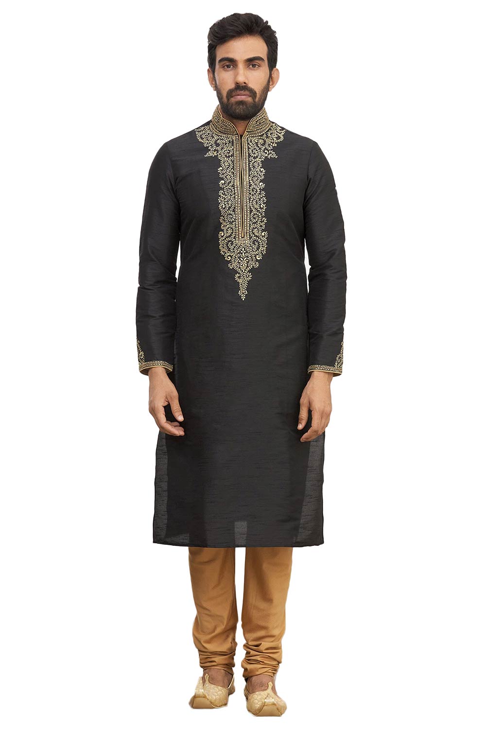 Men's Black Silk Embroidered Full Sleeve Kurta Churidar