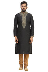 Men's Black Silk Embroidered Full Sleeve Kurta Churidar