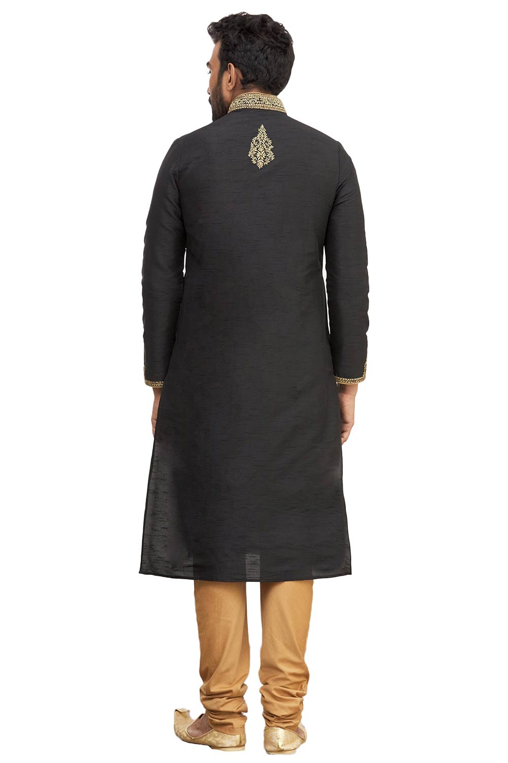 Men's Black Silk Embroidered Full Sleeve Kurta Churidar