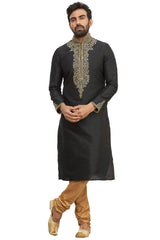 Men's Black Silk Embroidered Full Sleeve Kurta Churidar