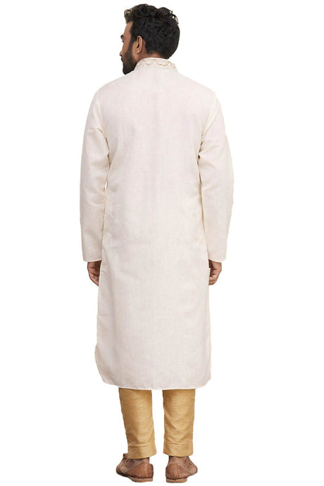 Men's Cream Silk Embroidered Full Sleeve Kurta Churidar