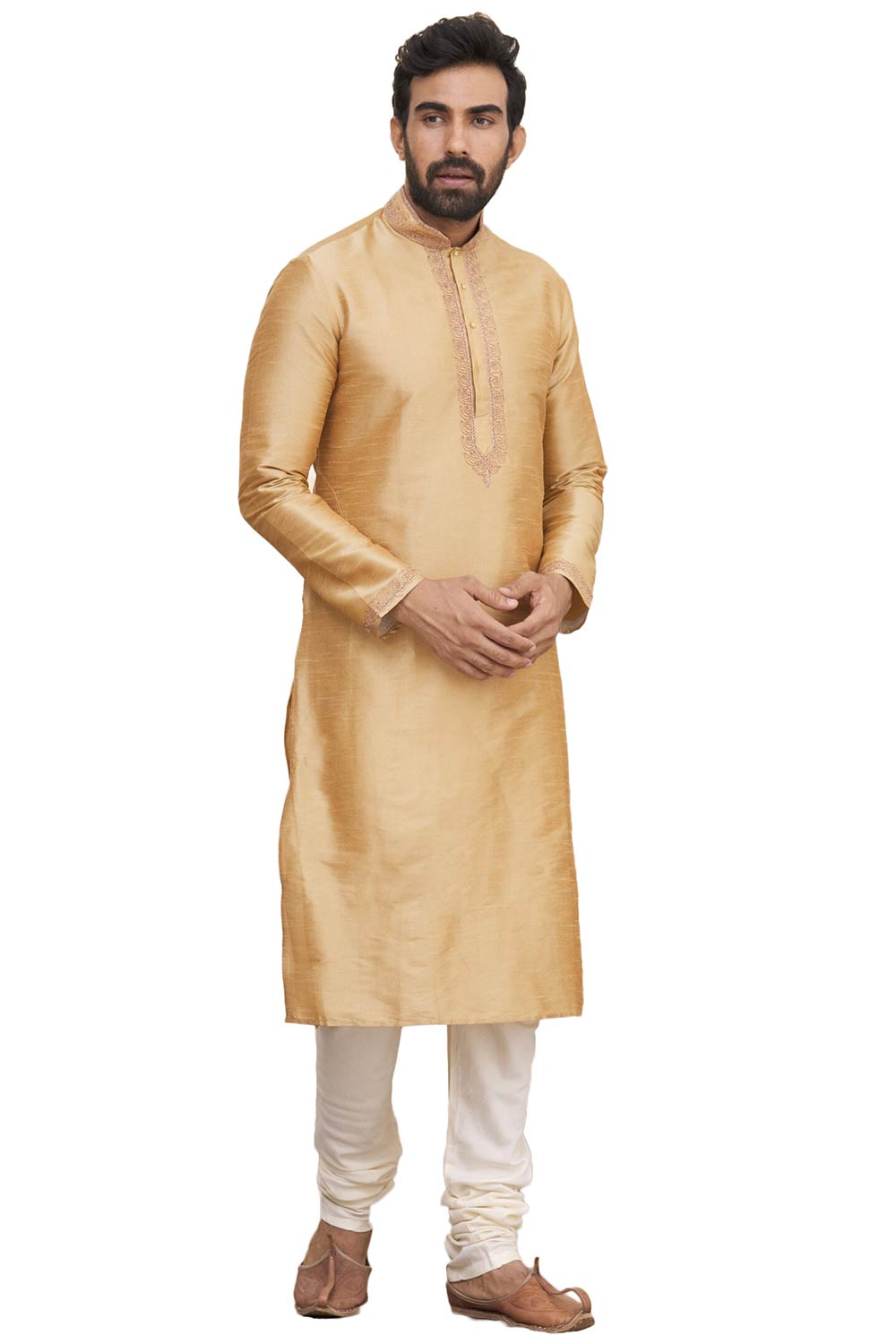 Men's Gold Cotton Embroidered Full Sleeve Kurta Churidar