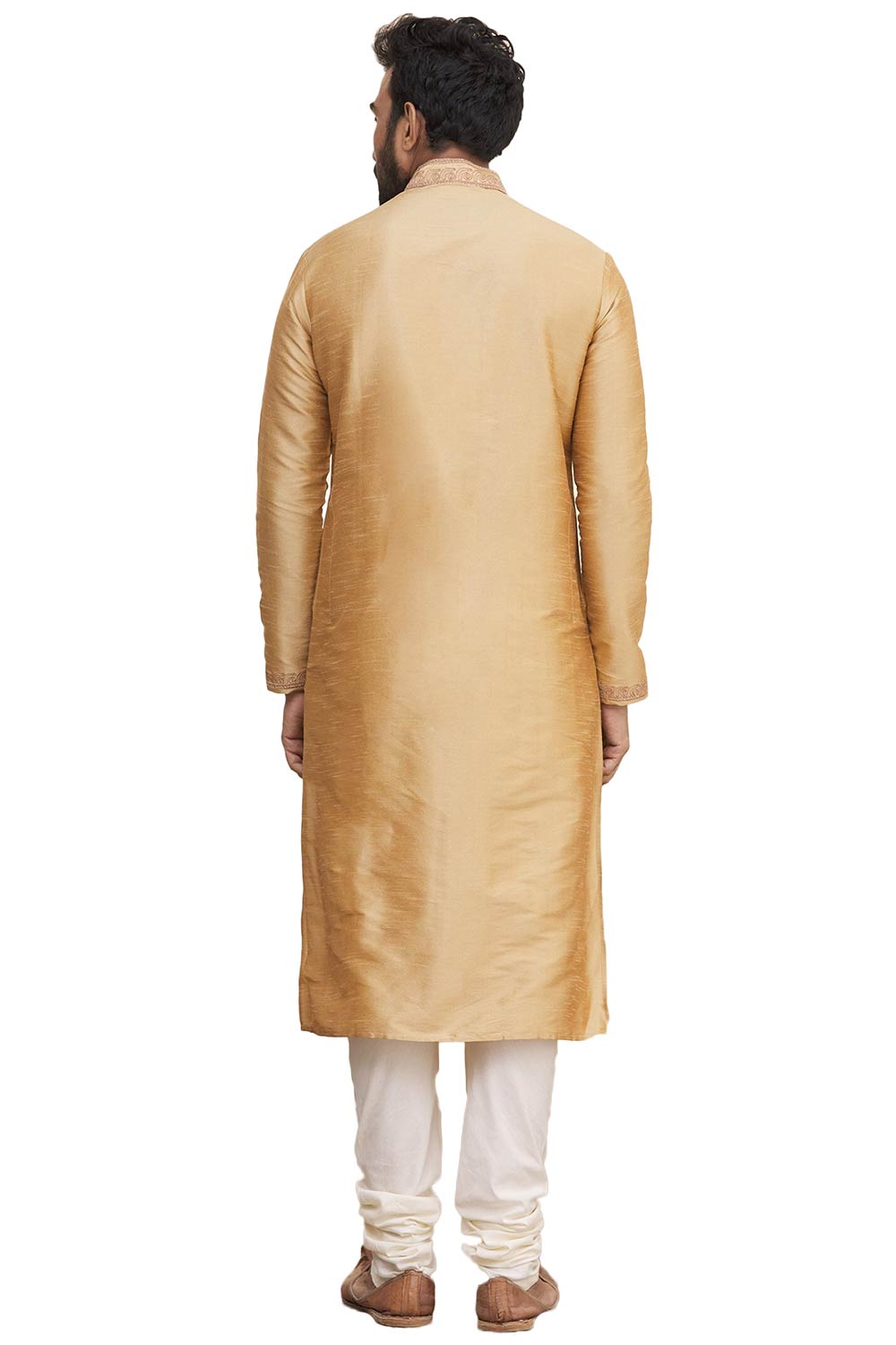 Men's Gold Cotton Embroidered Full Sleeve Kurta Churidar