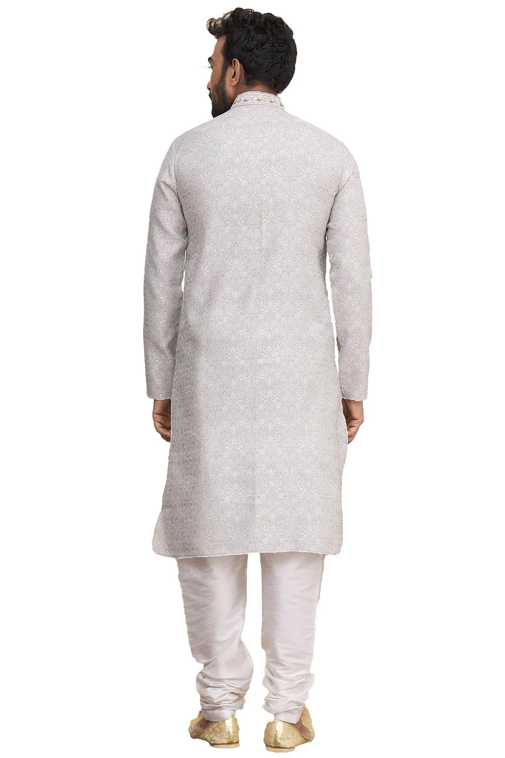 Men's Grey Silk Embroidered Full Sleeve Kurta Churidar