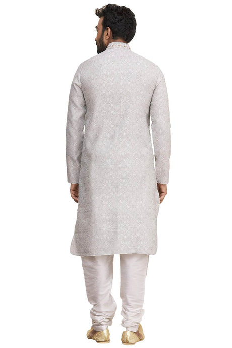 Men's Grey Silk Embroidered Full Sleeve Kurta Churidar