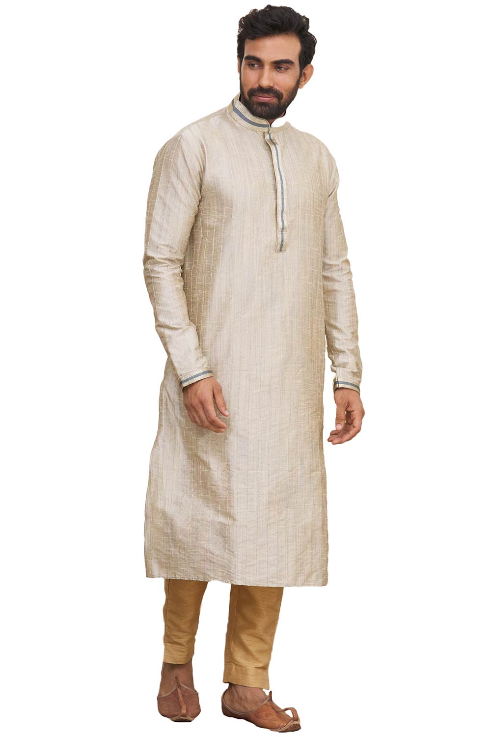 Men's Beige Silk Embroidered Full Sleeve Kurta Pajama