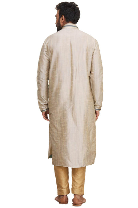 Men's Beige Silk Embroidered Full Sleeve Kurta Pyjama