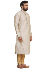 Men's Beige Silk Embroidered Full Sleeve Kurta Pajama