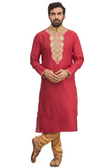 Men's Red Silk Embroidered Full Sleeve Kurta Churidar