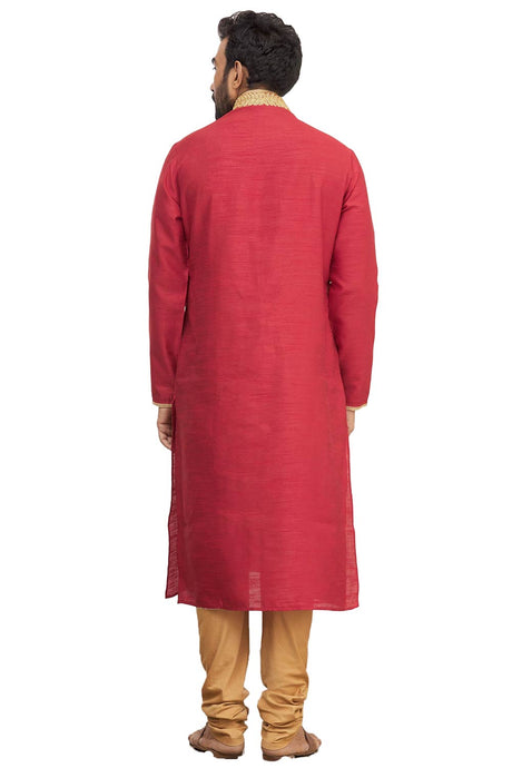 Men's Red Silk Embroidered Full Sleeve Kurta Churidar