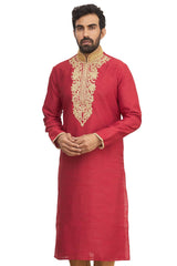 Men's Red Silk Embroidered Full Sleeve Kurta Churidar