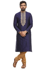 Men's Navy Blue Silk Embroidered Full Sleeve Kurta Churidar