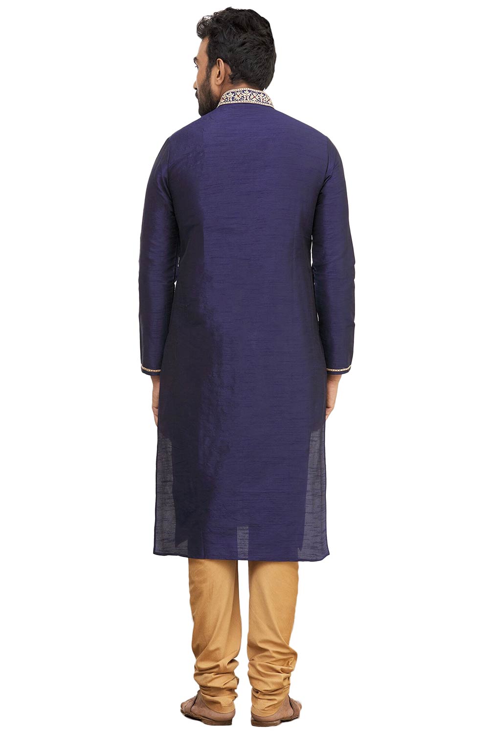 Men's Navy Blue Silk Embroidered Full Sleeve Kurta Churidar