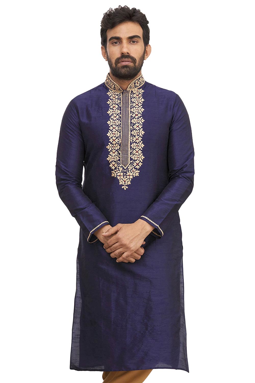 Men's Navy Blue Silk Embroidered Full Sleeve Kurta Churidar