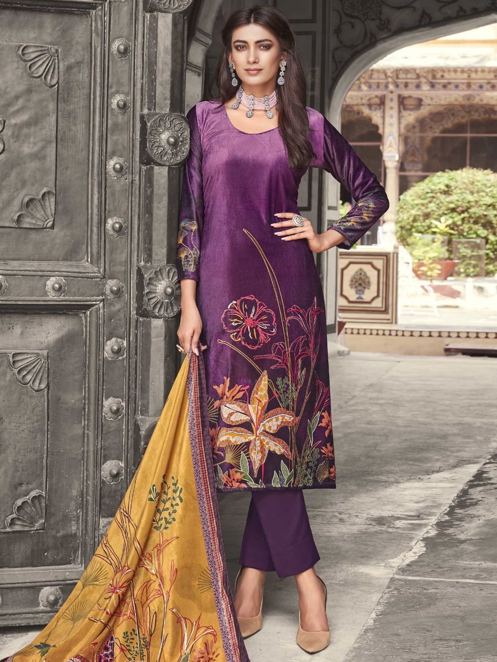 Purple Velvet Digital Printed Dress Material