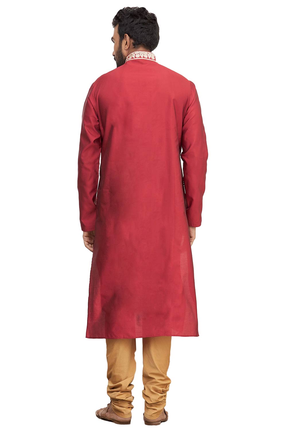 Men's Red Silk Embroidered Full Sleeve Kurta Churidar