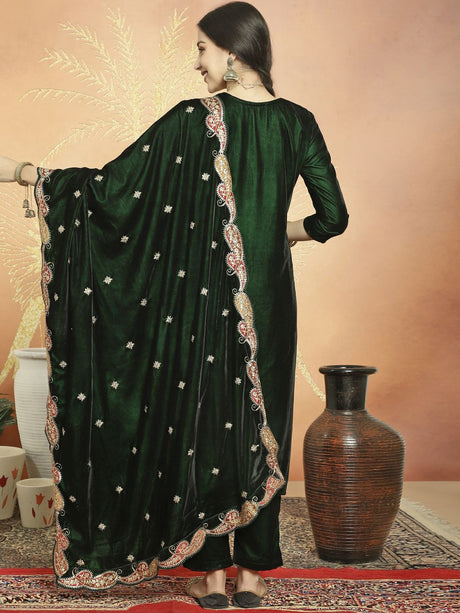 Green Velvet Embroidered Dress Material