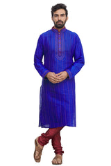 Men's Royal Blue Cotton Embroidered Full Sleeve Kurta Churidar