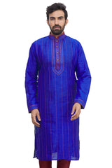 Men's Royal Blue Cotton Embroidered Full Sleeve Kurta Churidar