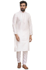 Men's White Silk Embroidered Full Sleeve Kurta Churidar