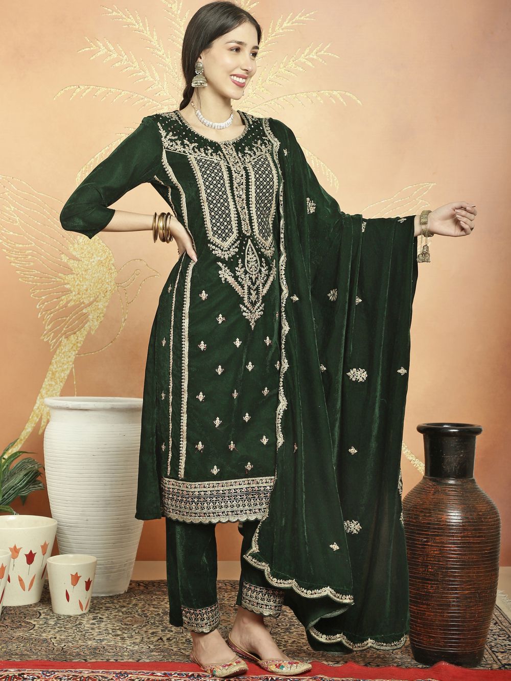 Green Velvet Embroidered Dress Material